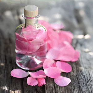 Pure rose essence in glass bottle with fresh rose petals